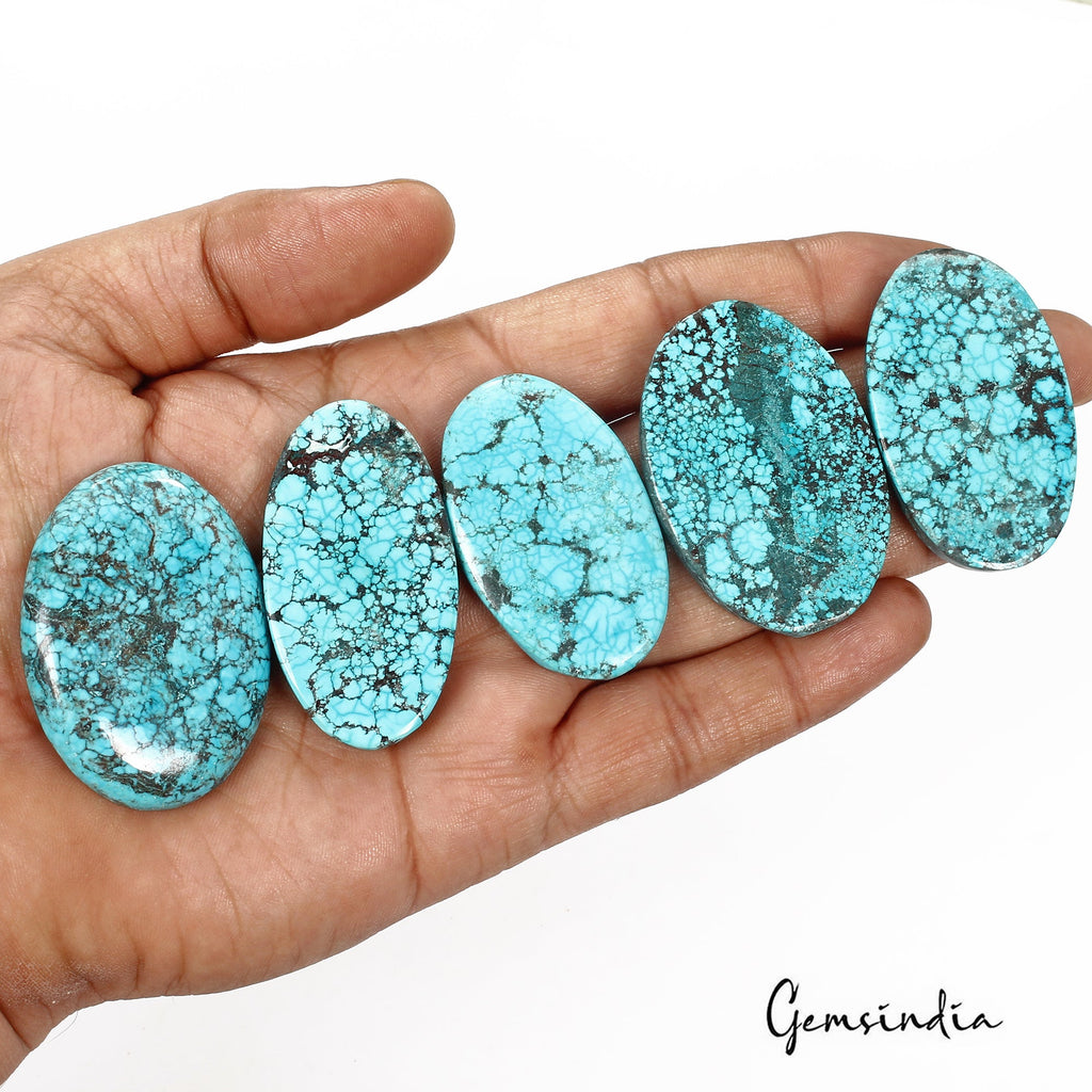 440 Ct/5 Pcs Natural Spiderweb Blue Turquoise Oval Cabochon Loose Gemstone Lot