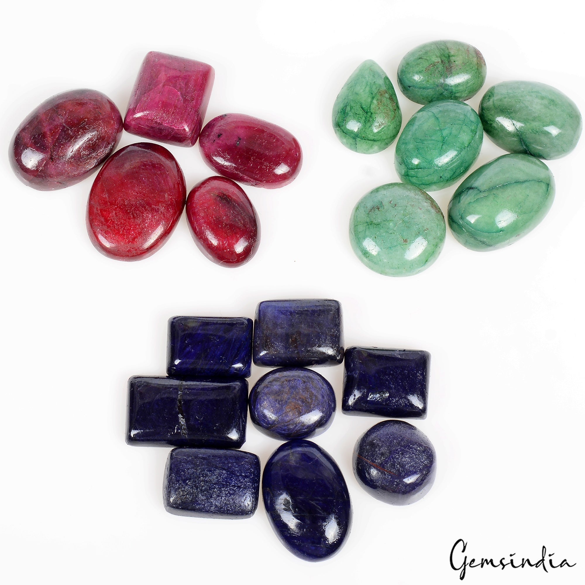 Certified 330 Cts/19 Pcs Natural Multi Color Emerald Ruby Sapphire Mix Cab Gems