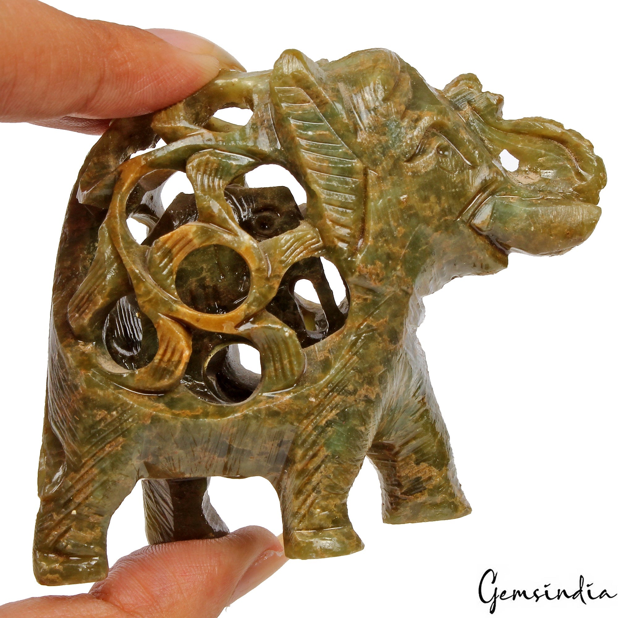 680 Cts Soapstone Trunk Up Elephant Statue Animal~ Baby inside Tummy Sculpture