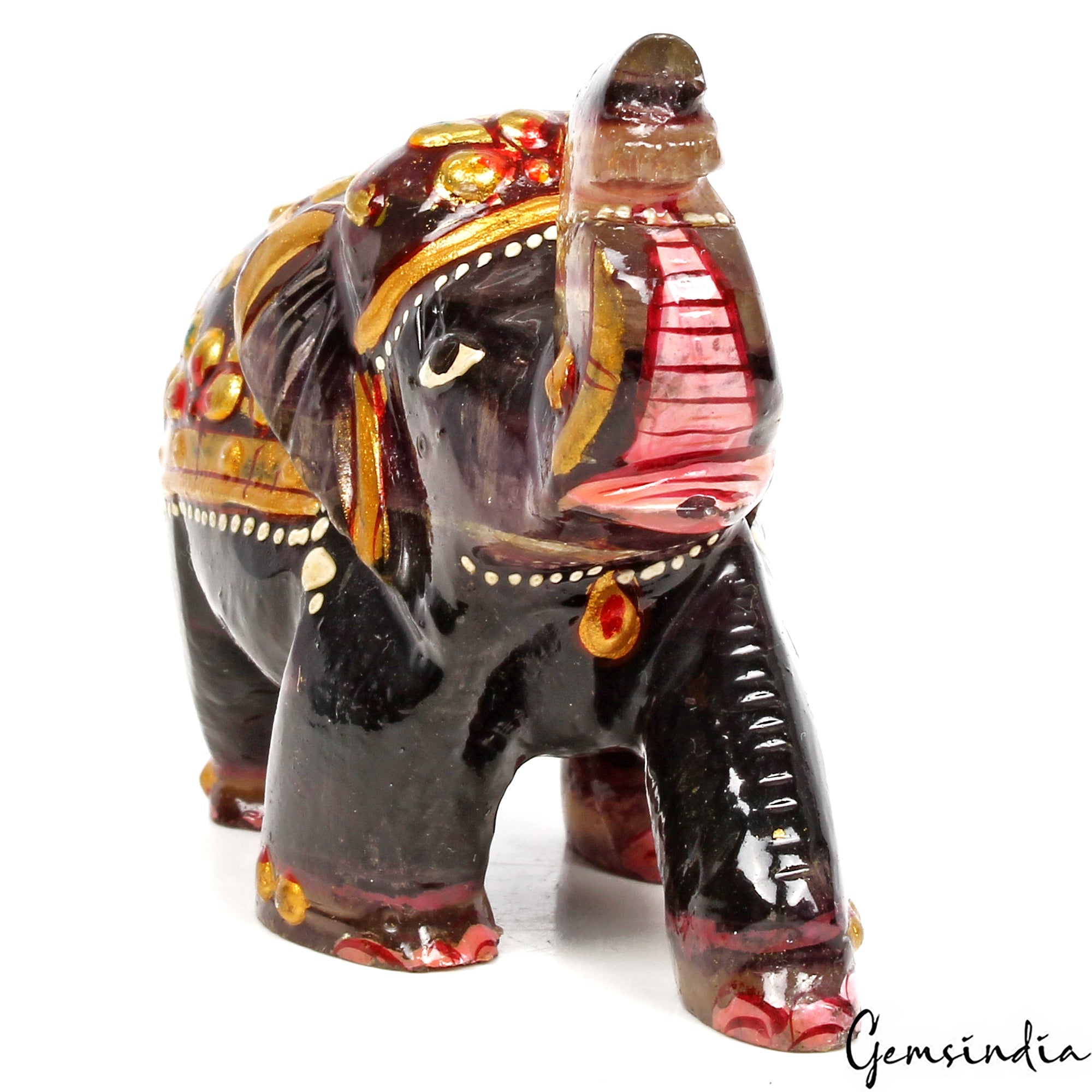 800 Cts Carved Gemstone Fluorite Trunk Up Elephant Figurine Animal Decor /Statue