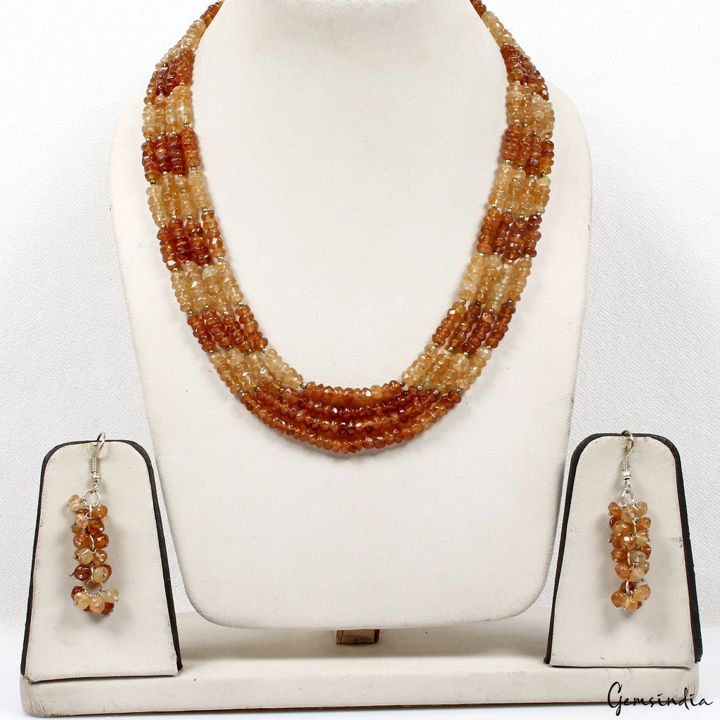 588.80 Ct Multi Shade Hessonite Garnet Round Cut 4 Strand Necklace with Earrings
