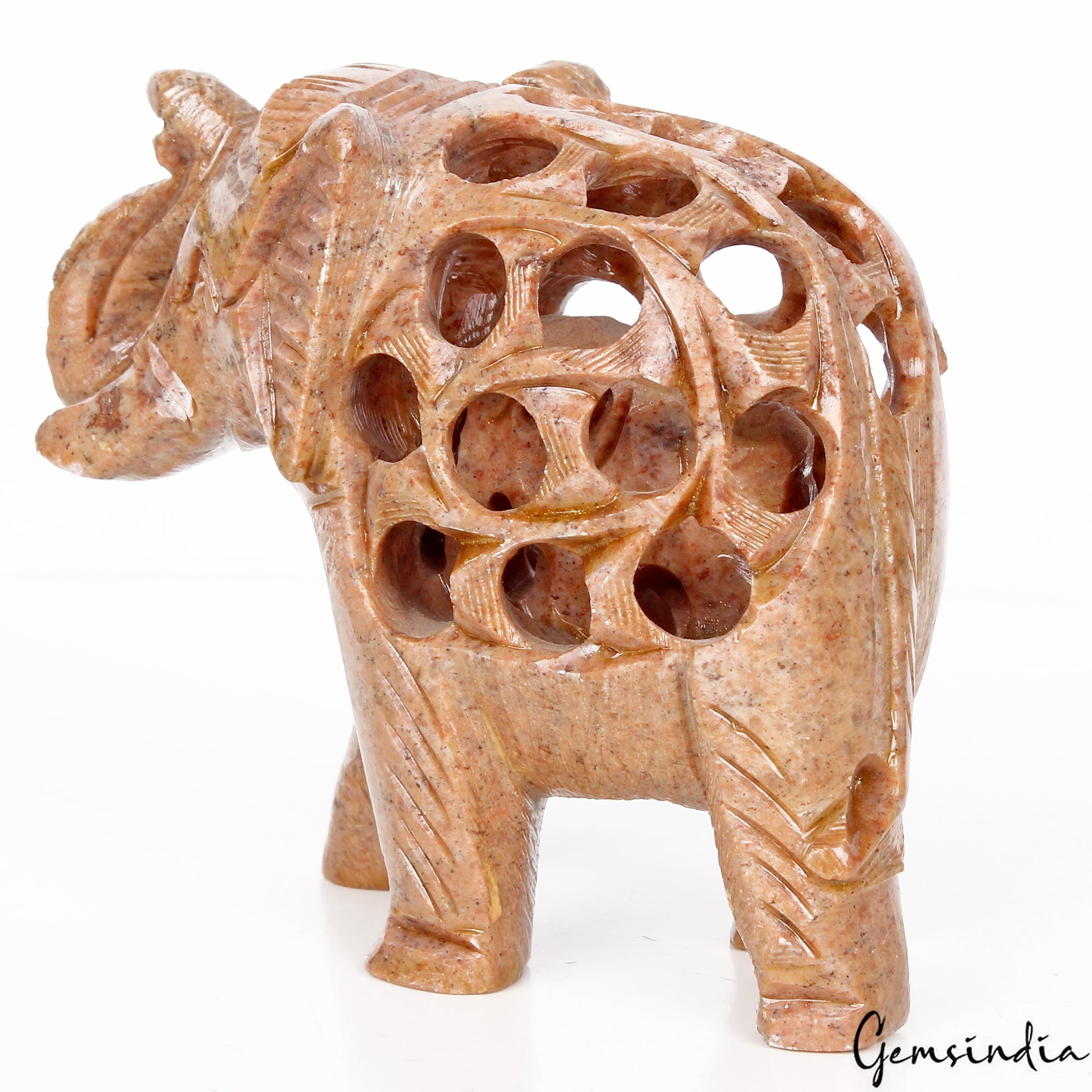 1140 Cts Soapstone Trunk Up Elephant Statue Animal ~ Baby inside Sculpture/Decor