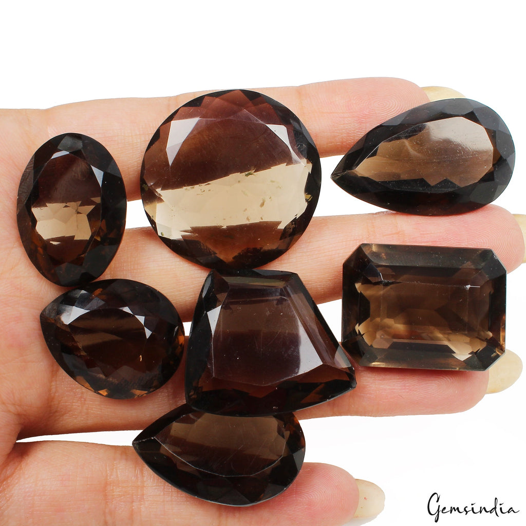 VVS 7 Pcs Natural Smoky Quartz Sparkling 19mm-32mm Faceted Cut Loose Gemstones