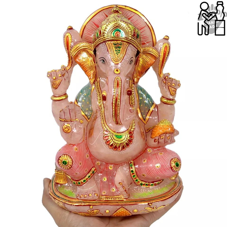 5.7Kg Natural Pink w Golden Paint Rose Quartz Singlestone Lord Ganesha Sculpture