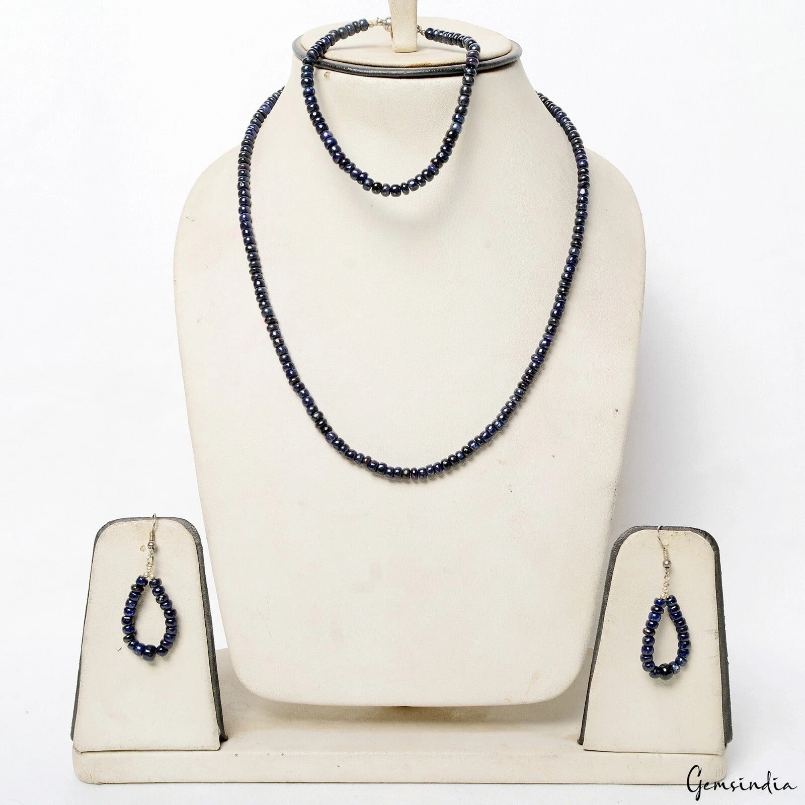 212 Cts Natural Dark Blue Sapphire Gems Round Cab Beaded Handmade Jewelry Set