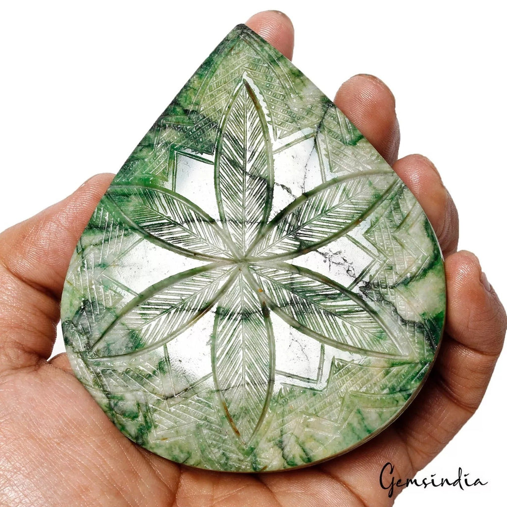 2170 Ct Natural Green Emerald Pear Shape Floral Hand Carved Museum Size Gemstone