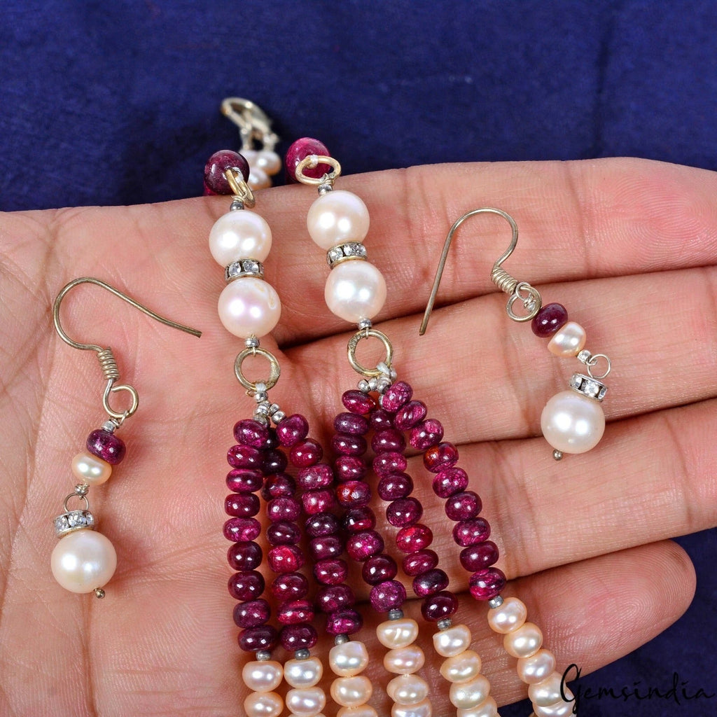 316.30 Cts Natural Red Ruby Peach Round Cab Beaded Handmade Designer Jewelry Set