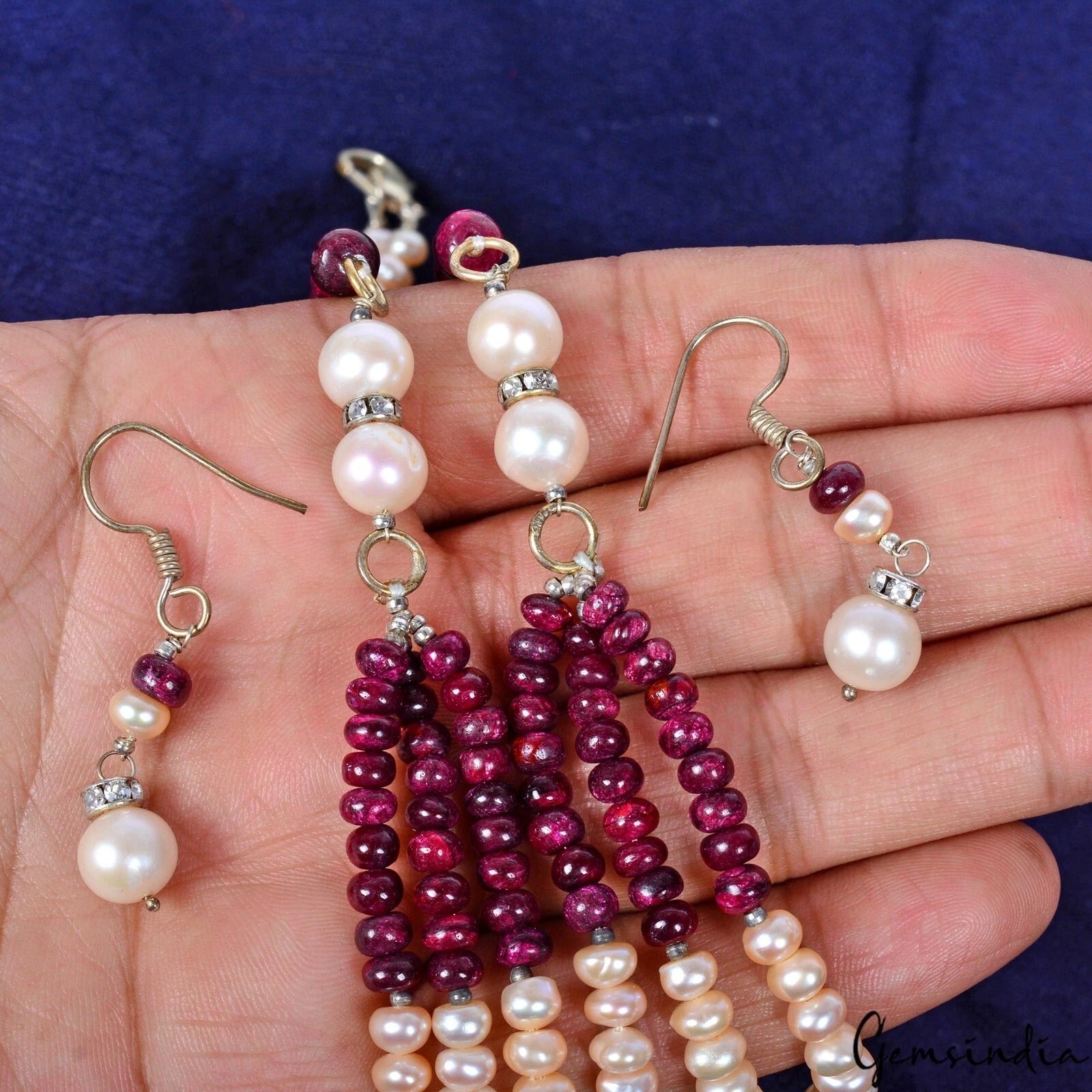 316.30 Cts Natural Red Ruby Peach Round Cab Beaded Handmade Designer Jewelry Set