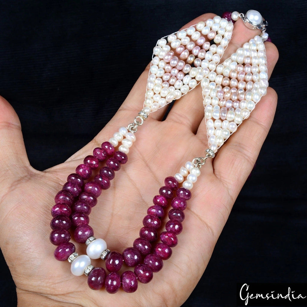 870 Cts Natural Red Ruby & Pearl Round Cab Beaded Handmade Designer 34" Necklace