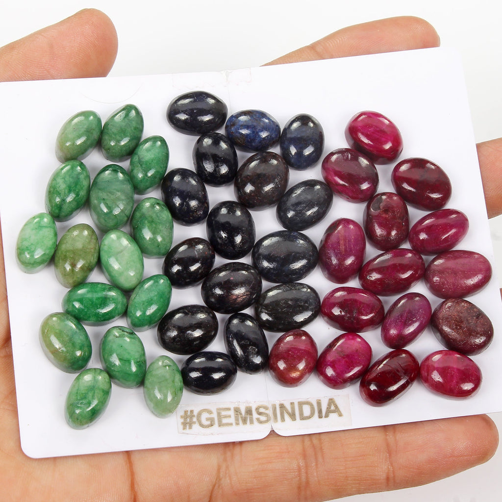 Certified 430 Ct Natural Ruby Emerald Sapphire Oval Cabochon Loose Gemstones Lot