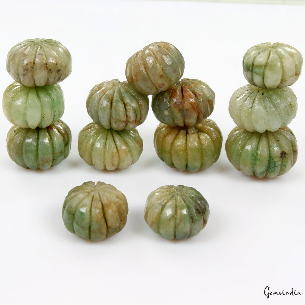 700 Cts Natural Green Emerald Melon Beads Drilled Carved Loose Gemstones 13 Pcs