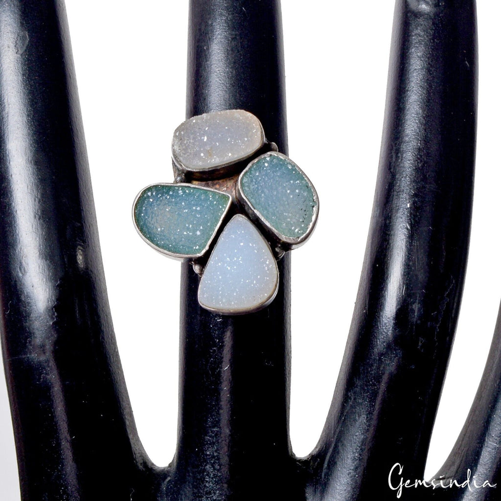 Onyx Drusy Sterling Silver Ring, Untreated, Silver — Size 6.5 US, 45.00 Ct (9.00 g)