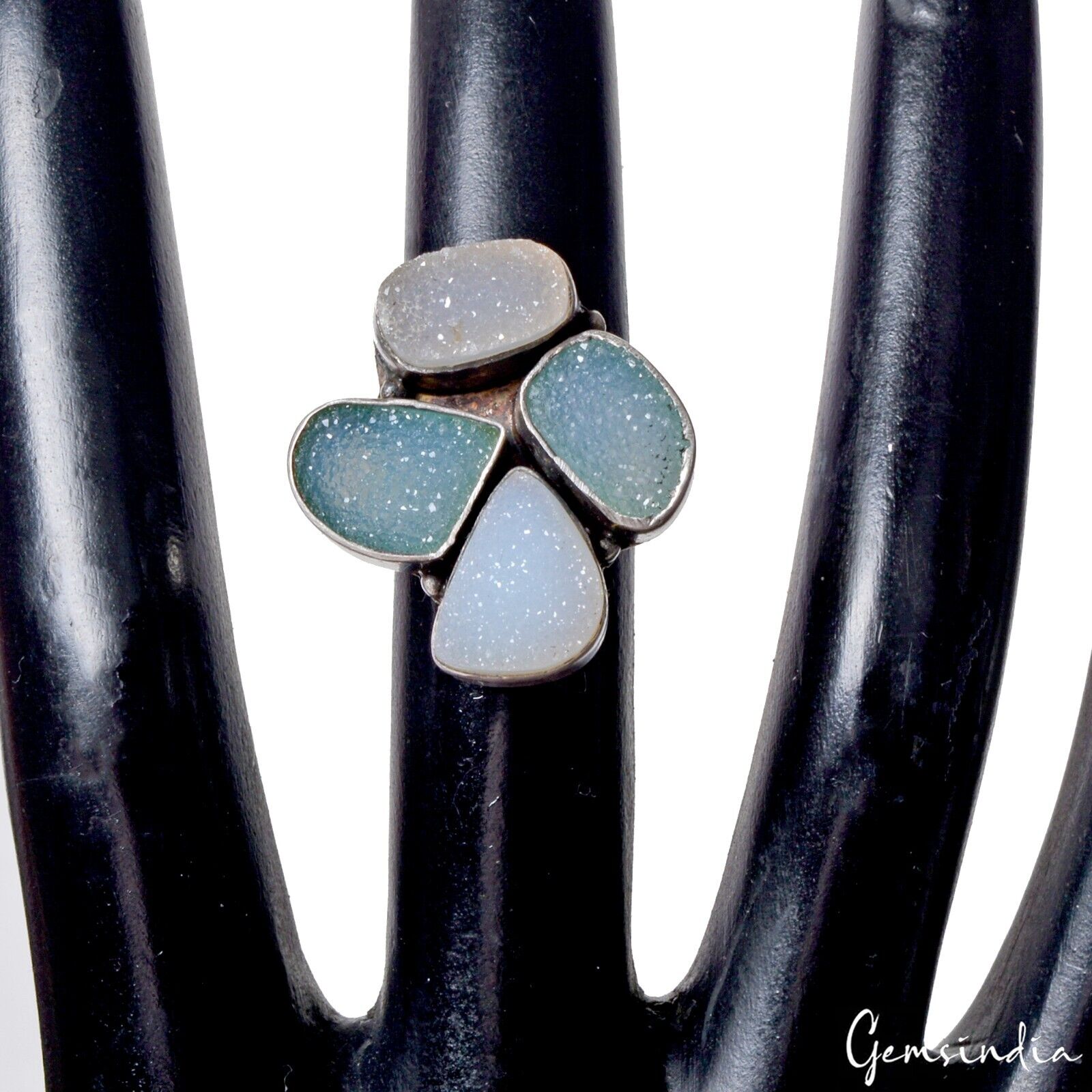 Onyx Drusy Sterling Silver Ring, Untreated, Silver — Size 6.5 US, 45.00 Ct (9.00 g)
