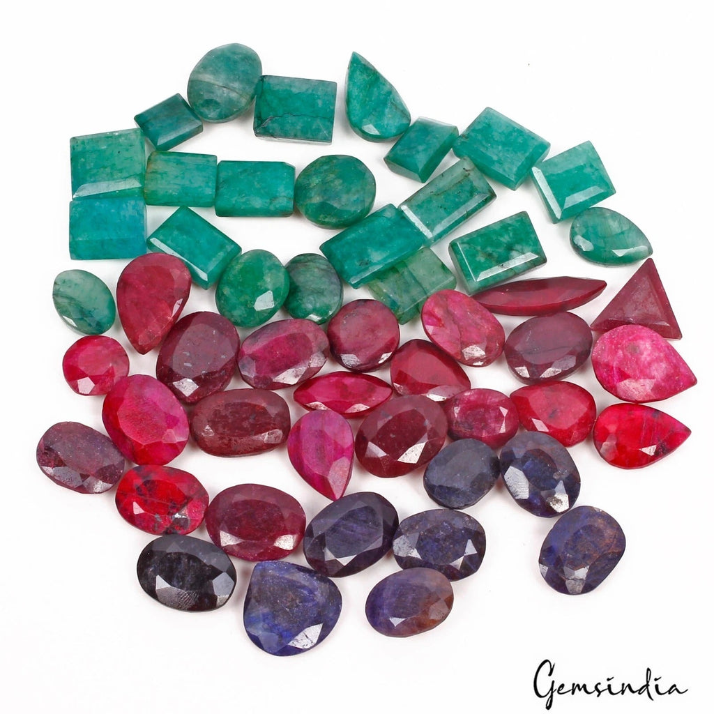 750 Ct/50 Pcs Natural Multi Color Emerald Ruby Sapphire Mixed Cut Loose Gems Lot