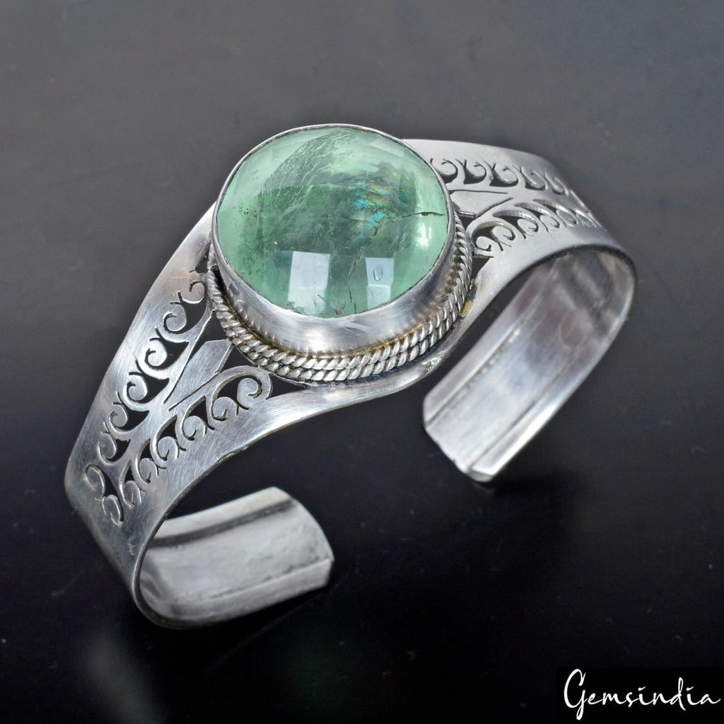 925 Sterling Silver Fluorite Gem Handmade Jewelry Adjustable Cuff Bracelet 43 gm