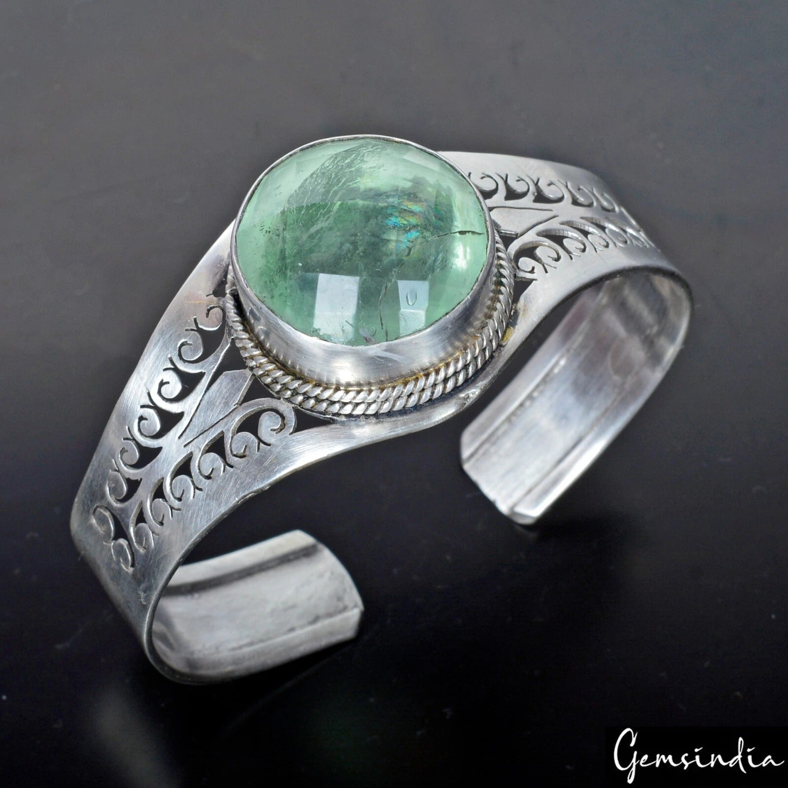925 Sterling Silver Fluorite Gem Handmade Jewelry Adjustable Cuff Bracelet 43 gm