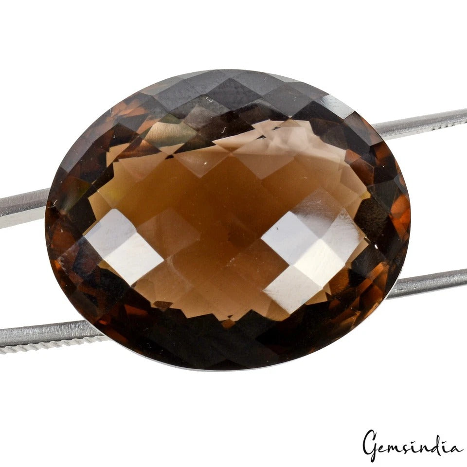 Smoky Quartz Loose Gemstone, Oval Checker Cut, Untreated — 31x25x15mm, 74.60 Ct, Madagascar