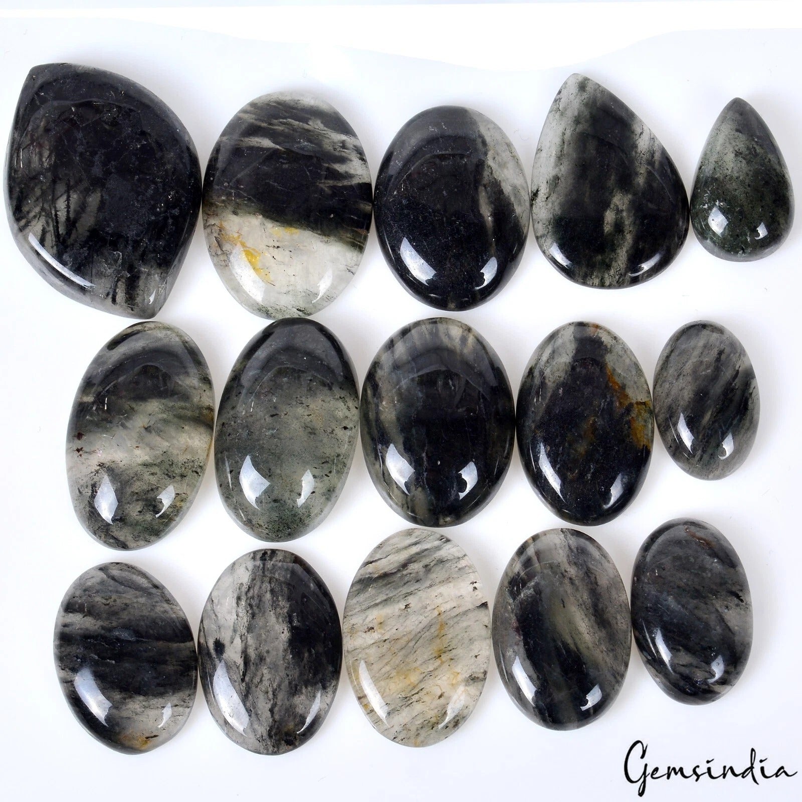 430 Cts/15 Pcs Natural Untreated Black Strong Rutilated Quartz Mix Cab Gems Lot