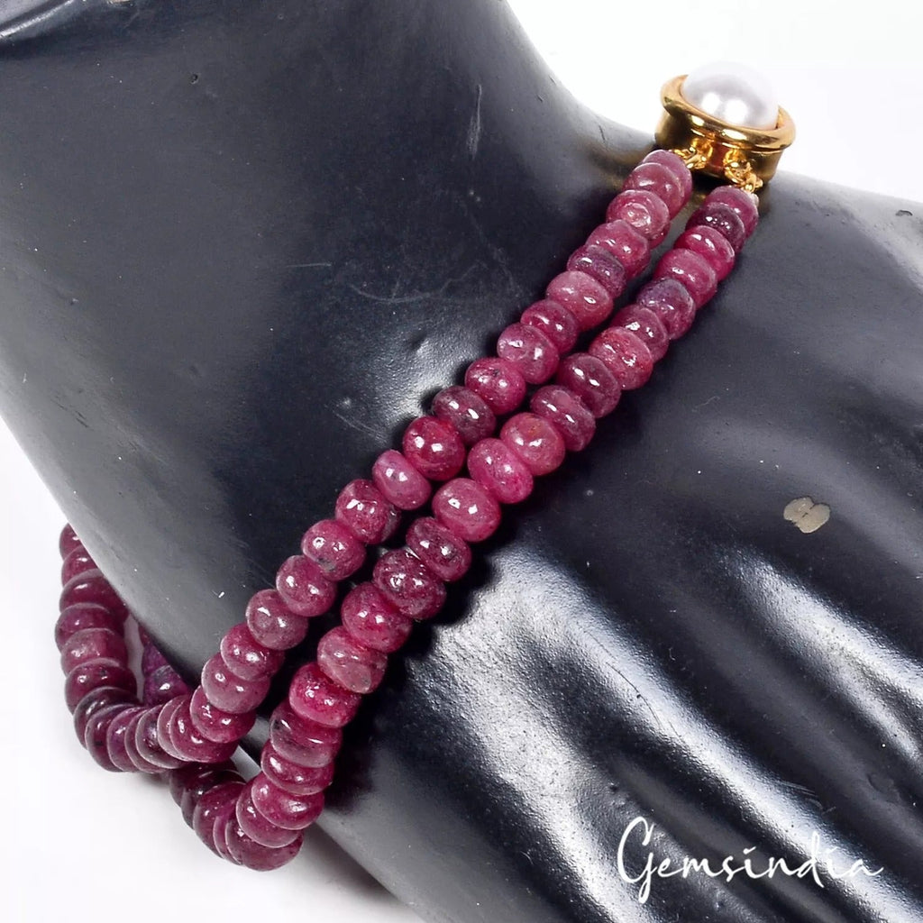 8" Handmade Double Strand Semi precious Ruby Gemstone bracelet With Pearl Lock