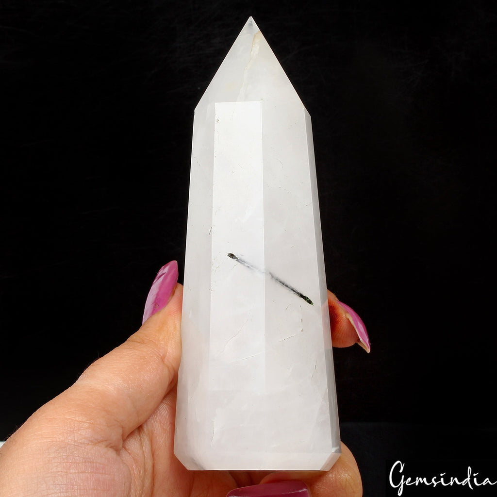 4.75 Inch Black Tourmaline Rutilated Quartz Obelisk Tower Crystal Point Healing