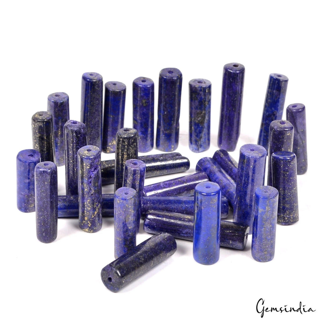 770 Ct/32 Pcs Natural Blue Lapis Lazuli Tube Shape Drill Spacer Gems For Jewelry