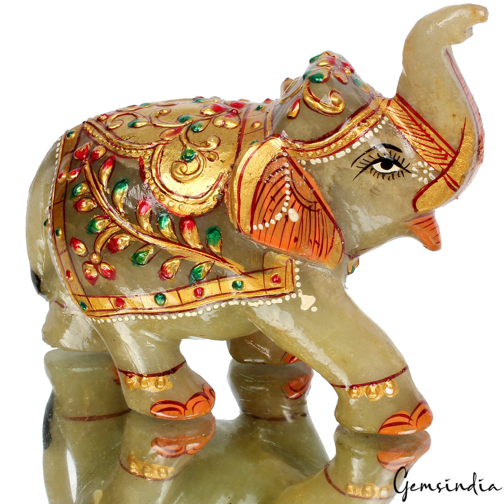 3330 Cts Natural Aventurine Gold Painted Trunk Up Elephant Home Decor/ Sculpture
