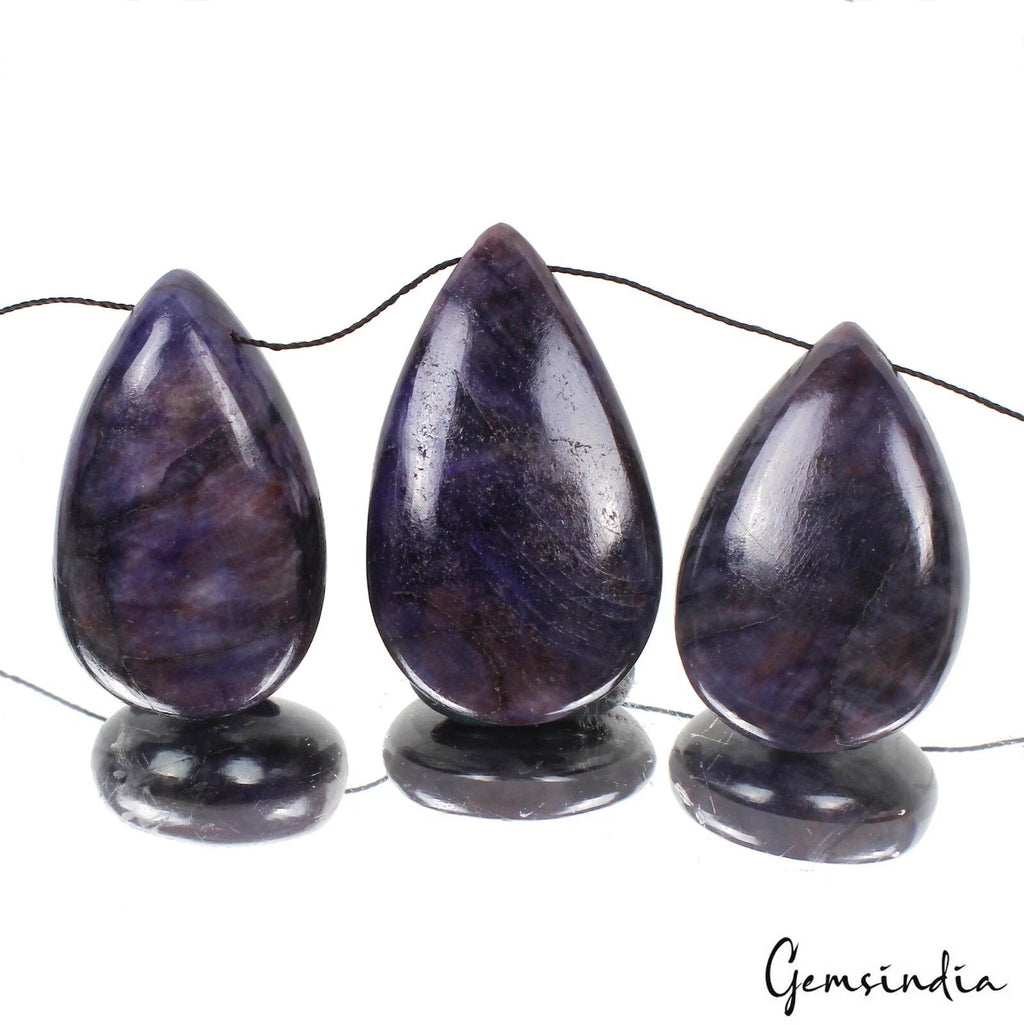 242.10 Cts/3 Pcs Natural Blue Sapphire Pear Cab Side Drilled Bead/Briolette Gems