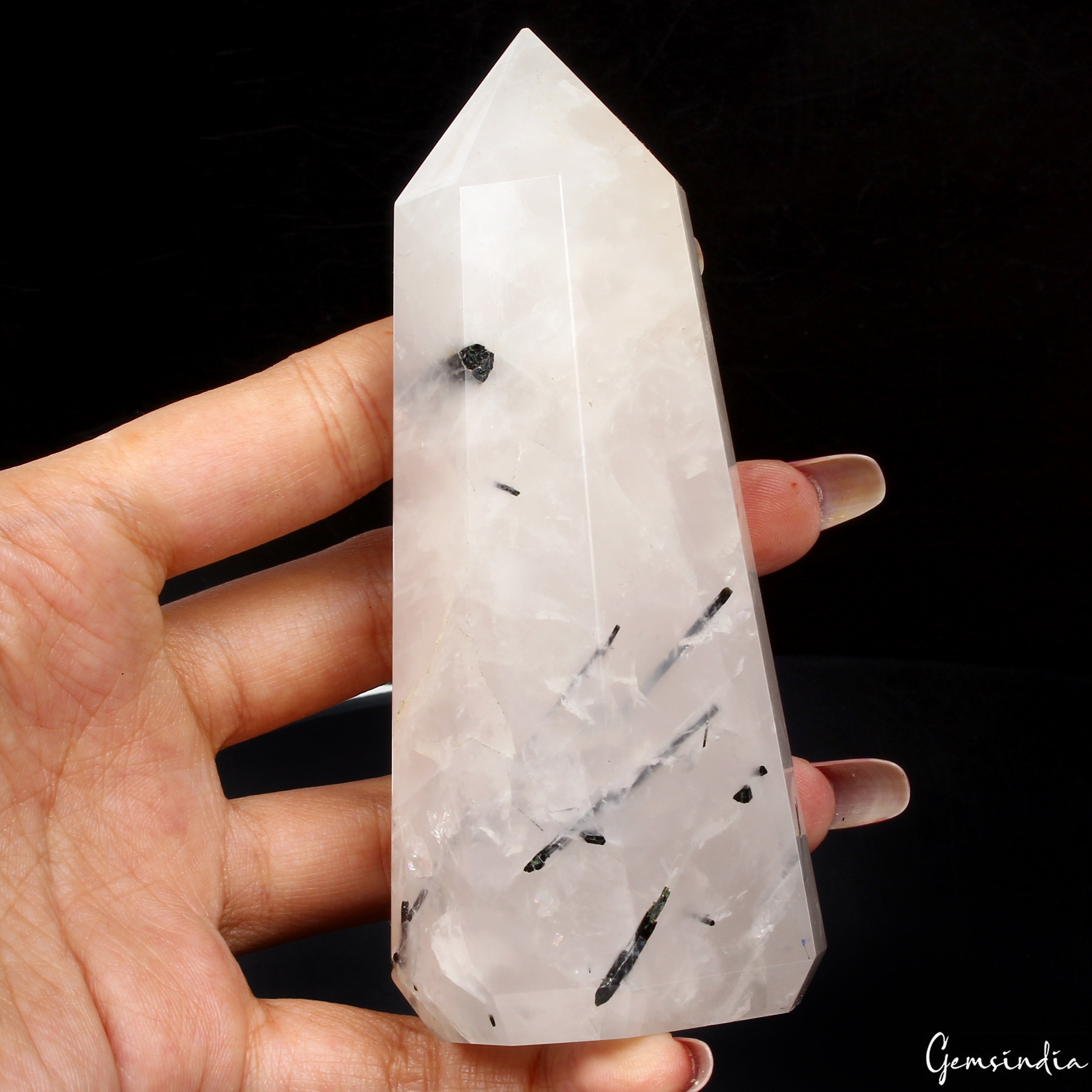 4.5 Inch Black Tourmaline Rutilated Quartz Obelisk Tower Crystal Point Healing