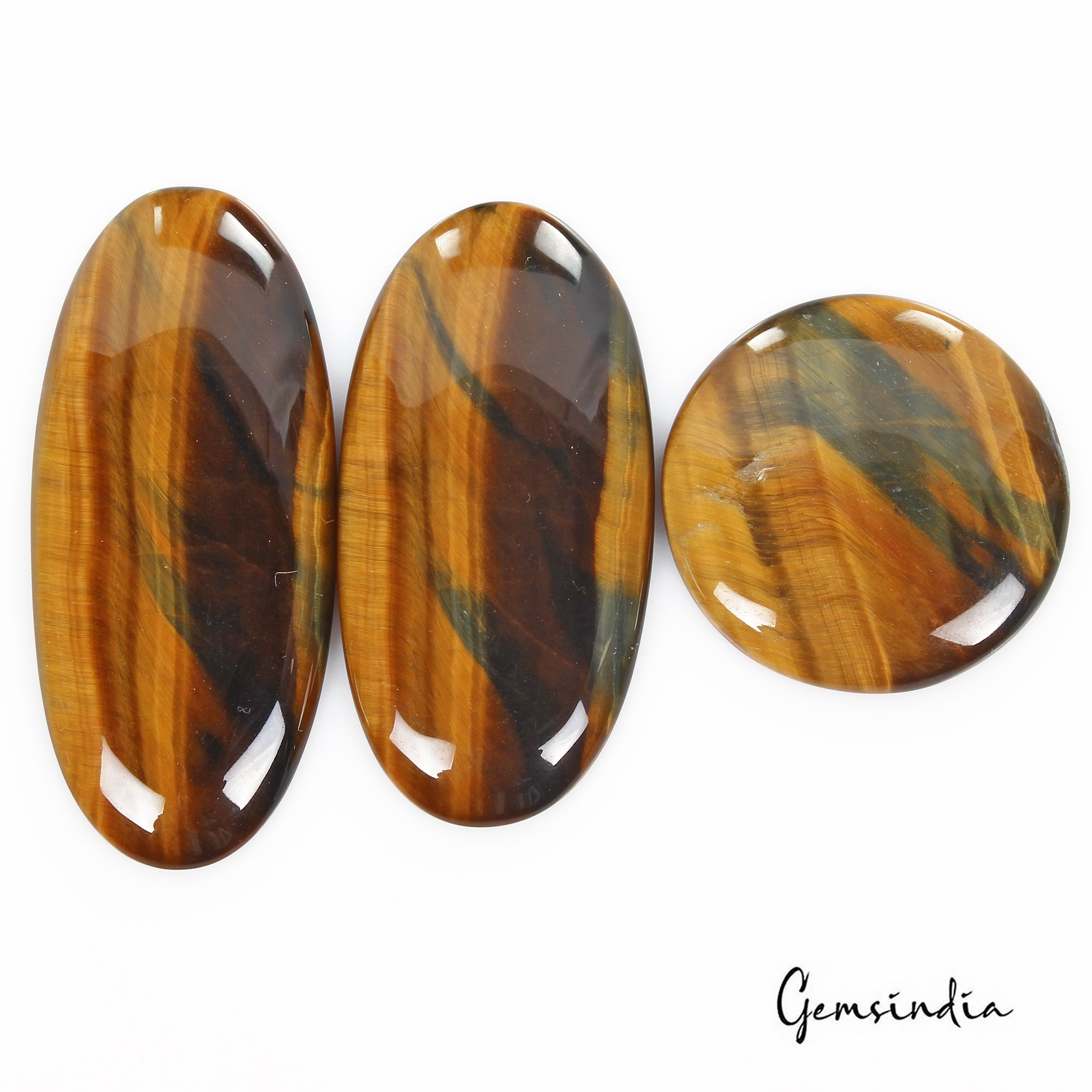 Tiger Eye Lot, Cabochon, Untreated, Bi Color — 3 Pieces, 36mm to 62mm, 213.50 Ct, Madagascar