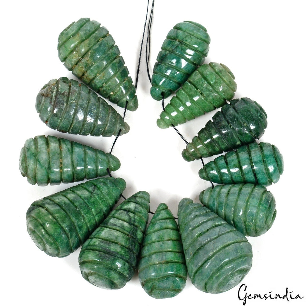 700 Cts Natural Green Emerald Carving Pear Drop Drilled jewelry Beads/Briolettes
