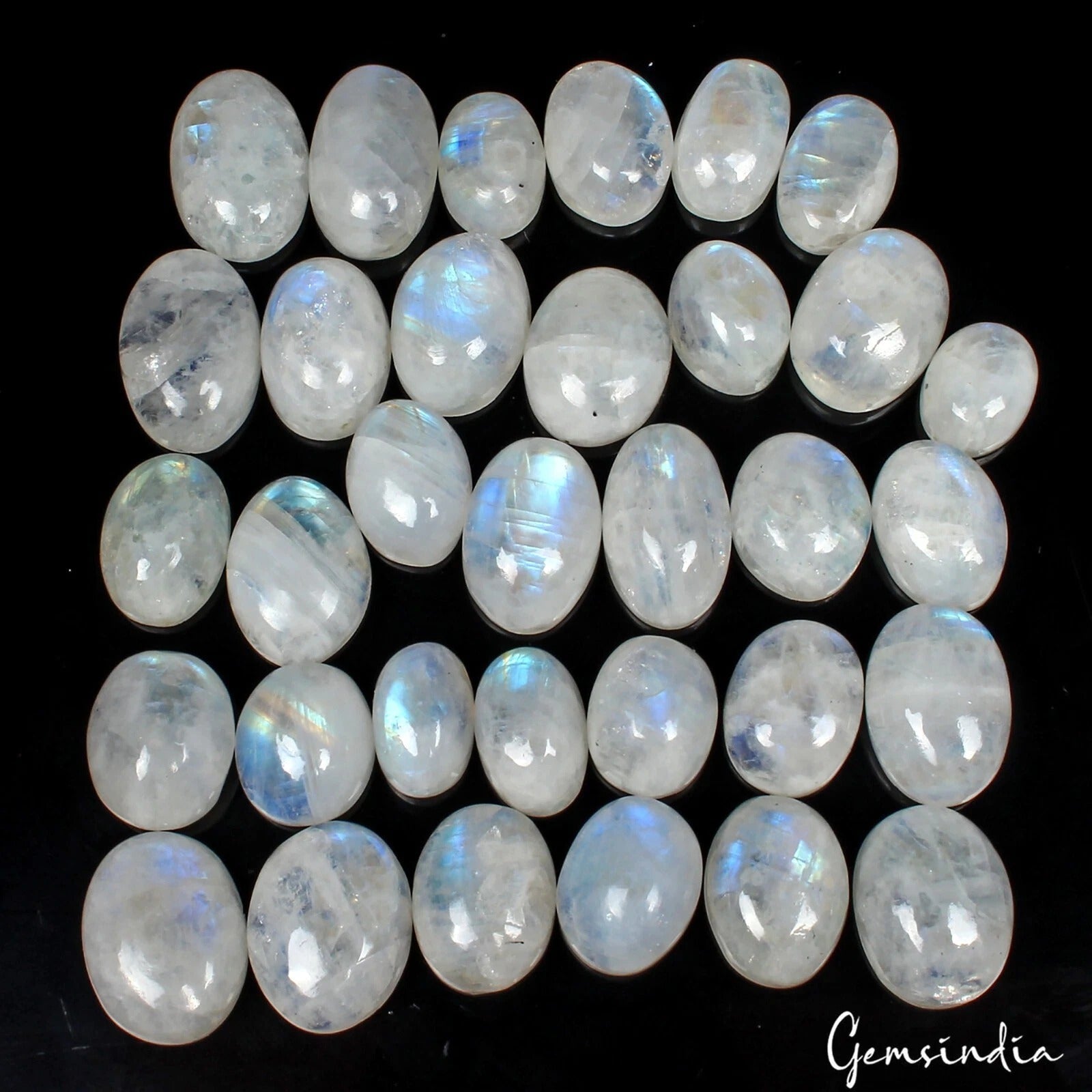 300 Cts/33 Pcs Natural Untreated Blue Shine Moonstone Oval Cab Loose Gems Lot