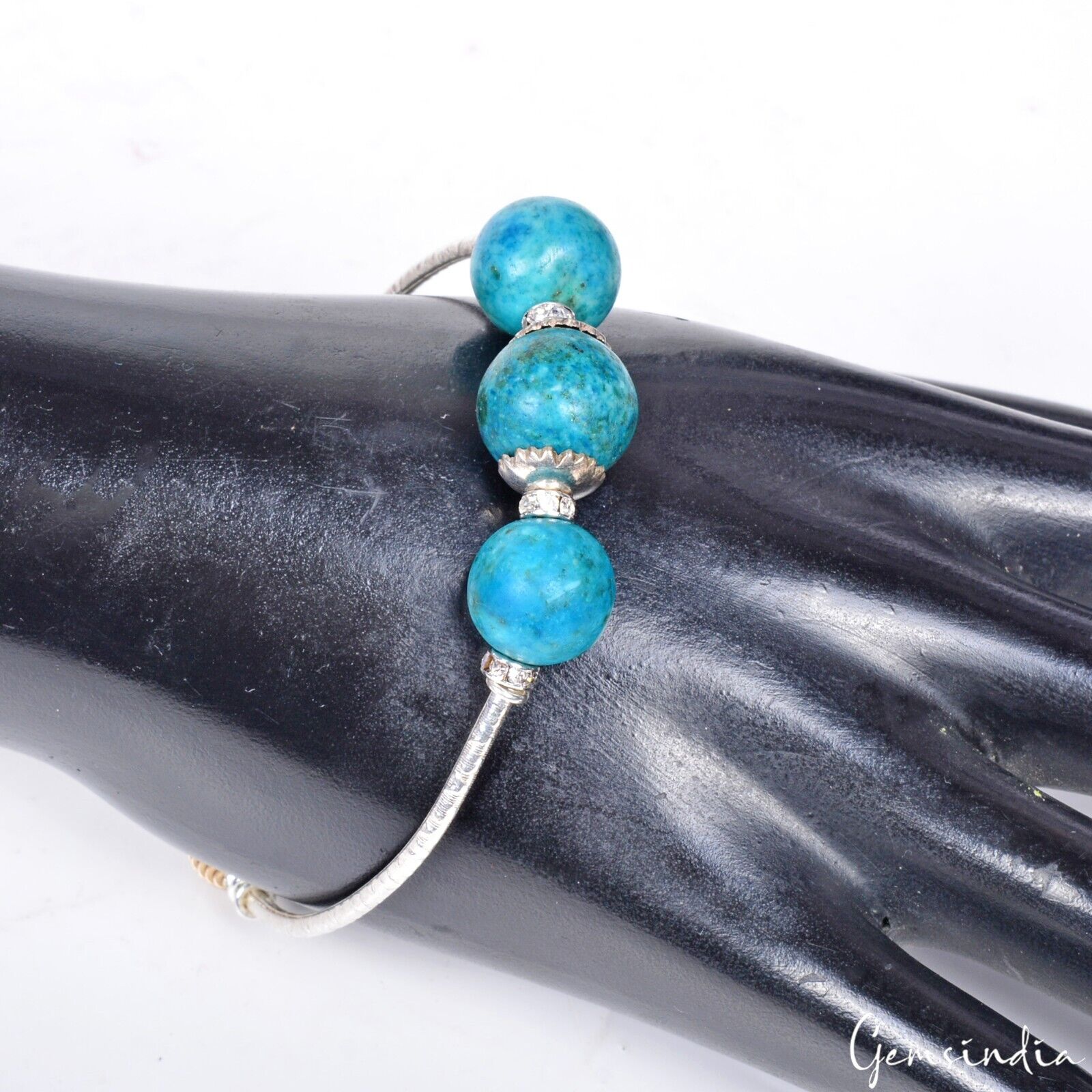 Turquoise Stone & Silver Accessories Bracelet Elastic Stretch Beads Bracelet 7"