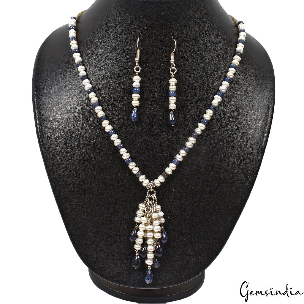 225 Ct Natural Freshwater Pearl Blue Sapphire Bead Handmade Designer Jewelry Set