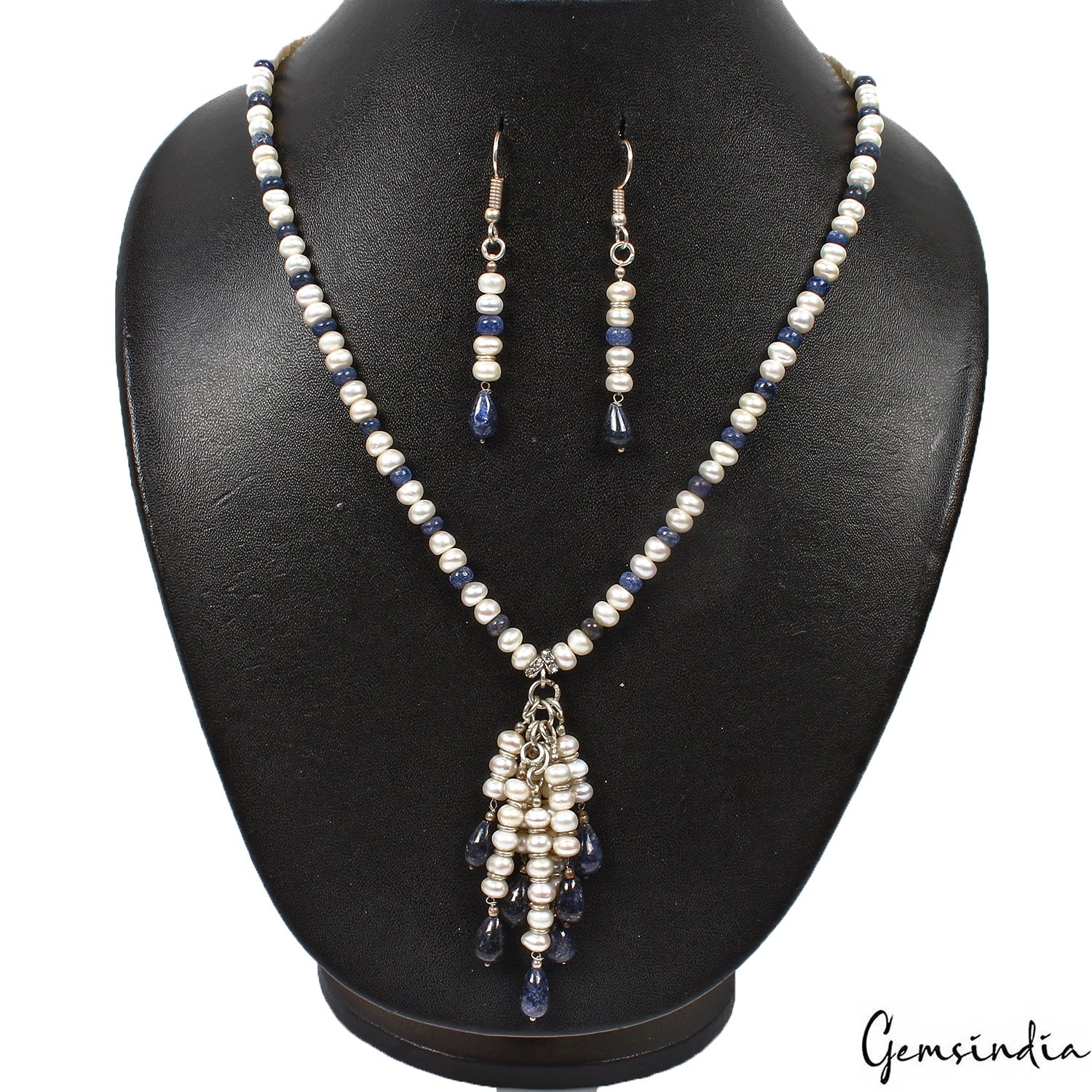 225 Ct Natural Freshwater Pearl Blue Sapphire Bead Handmade Designer Jewelry Set