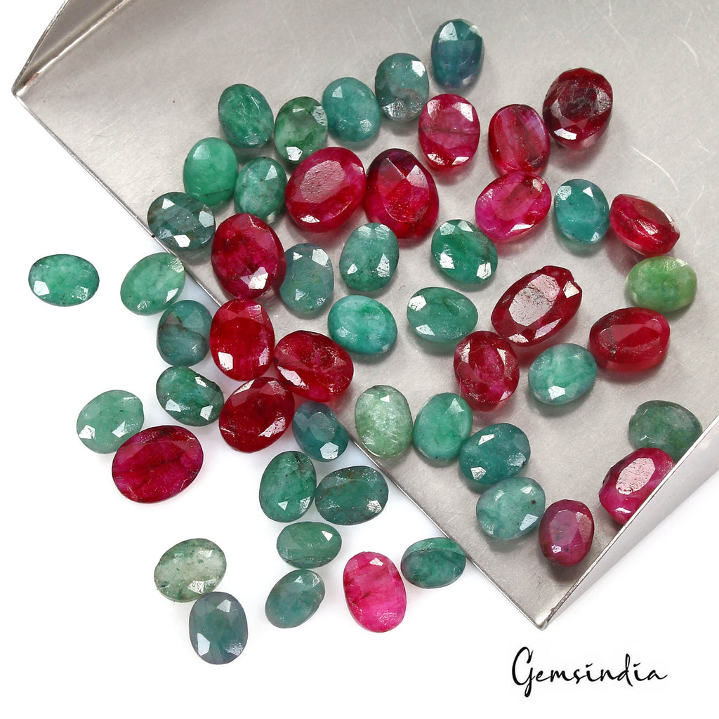 92.80 Cts/52 Pcs Natural Red Beryl Green Emerald Oval Cut Loose Gems For Jewelry