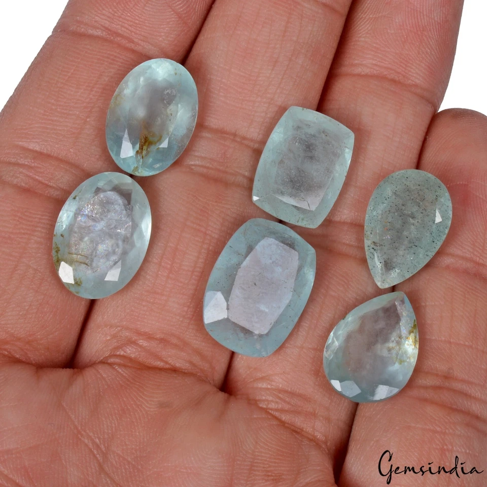 43.30 Ct Natural Blue Aquamarine 15-16mm Mix Cut Faceted Loose Gemstone Lot 6 Pc