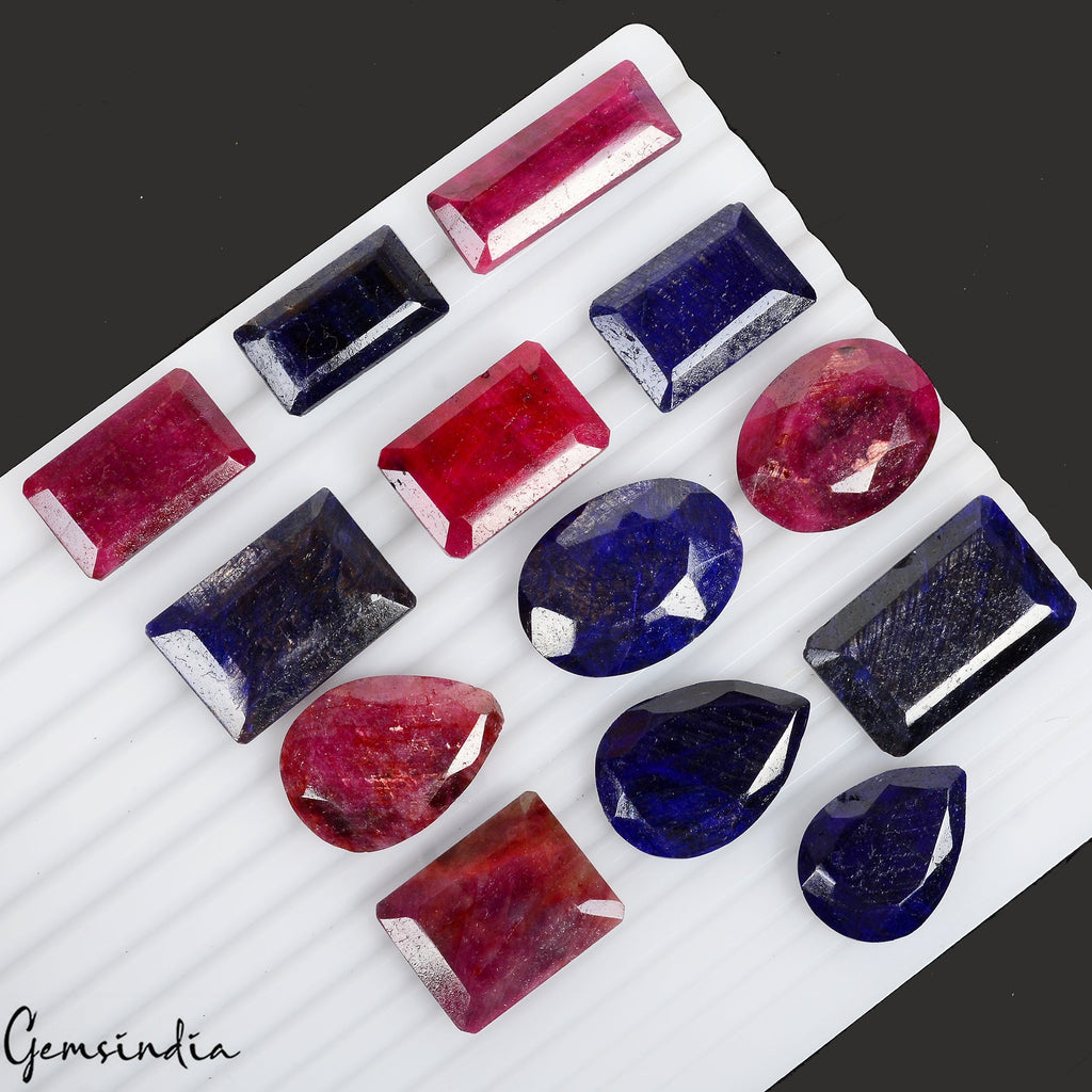 Certified 600 Cts/13 Pcs Natural Red Ruby Blue Sapphire Mixed Cut Loose Gems Lot