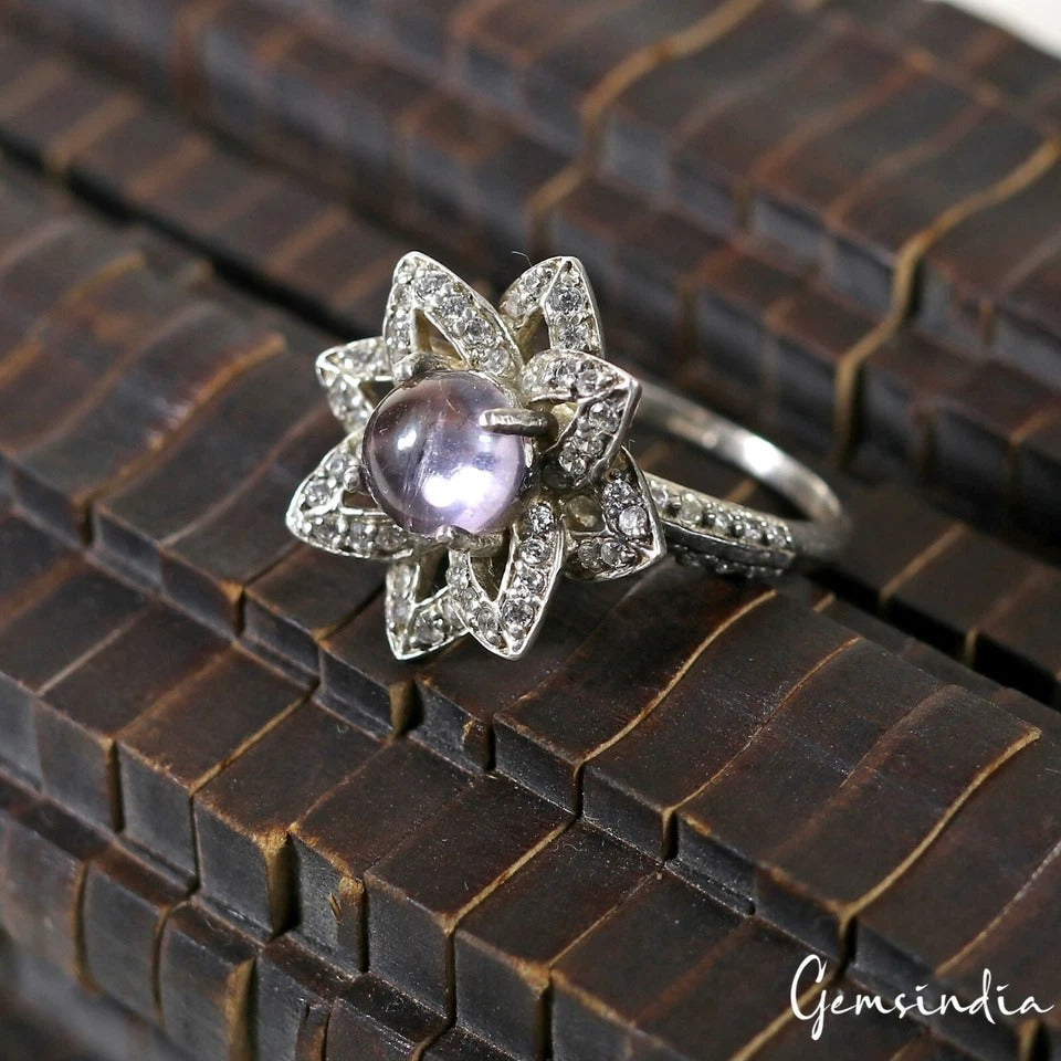 5 Gm Natural Purple Amethyst Gem 925 Sterling Silver Carved Designer Ring 6.5 US