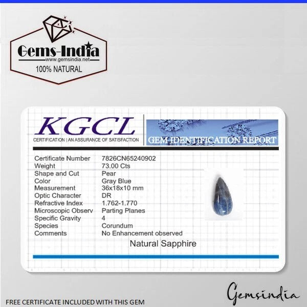 Certified 73 Cts Natural Untreated Gray Blue Sapphire Pear Drilled Briolette Gem