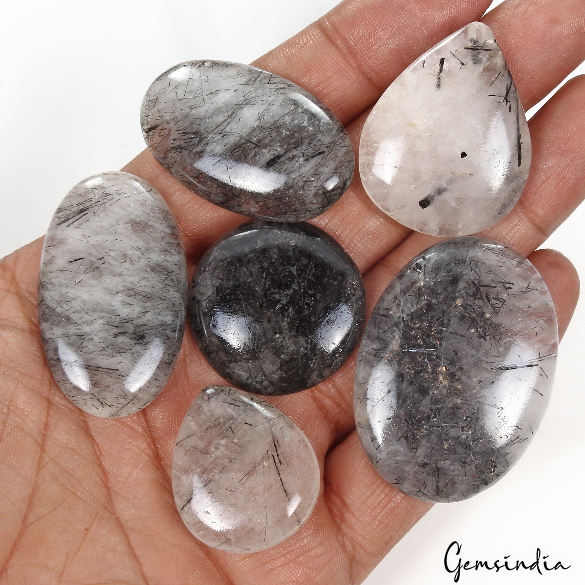380 Cts/6 Pcs Natural Untreated Black Wire Rutile Quartz Mix Cab Loose Gems Lot