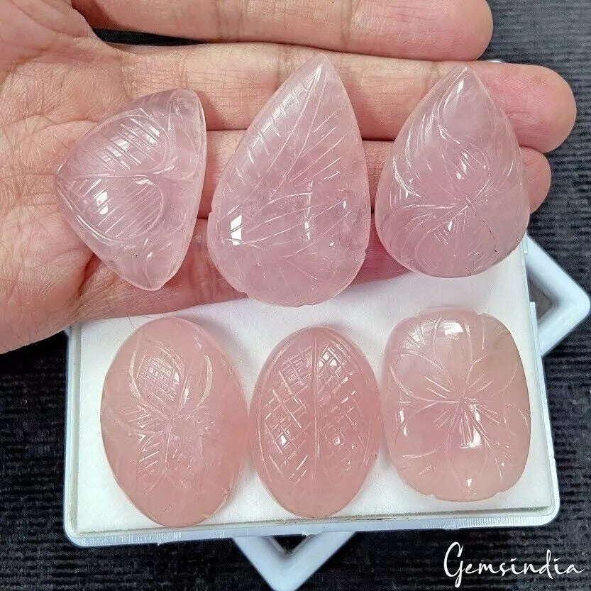400 Cts/6 Pcs Natural Untreated Pink Rose Quartz Mix Hand Carved Loose Gems Lot