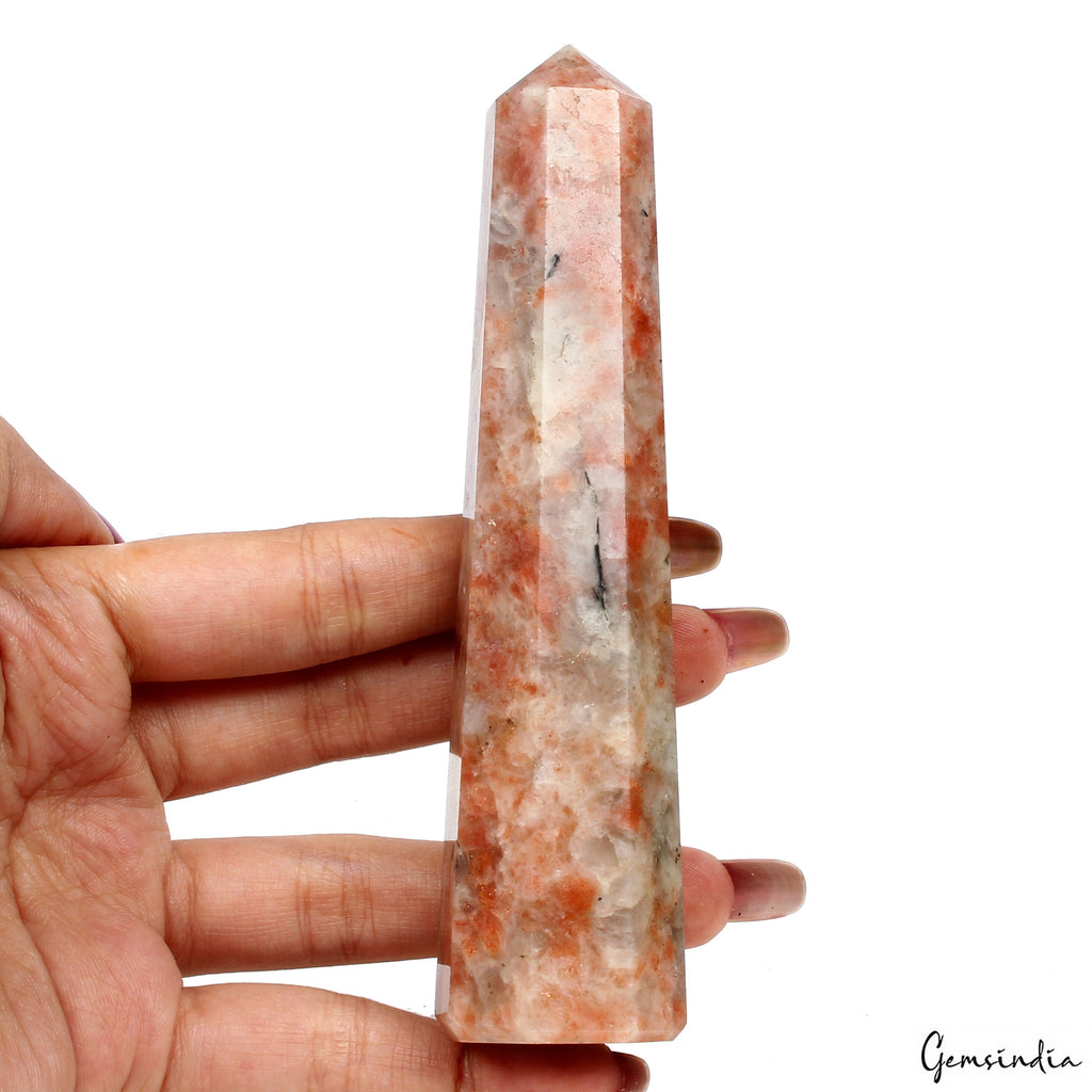 156 Gram Natural Orange Sunstone Crystal Obelisk Wand Tower Point Healing Reiki