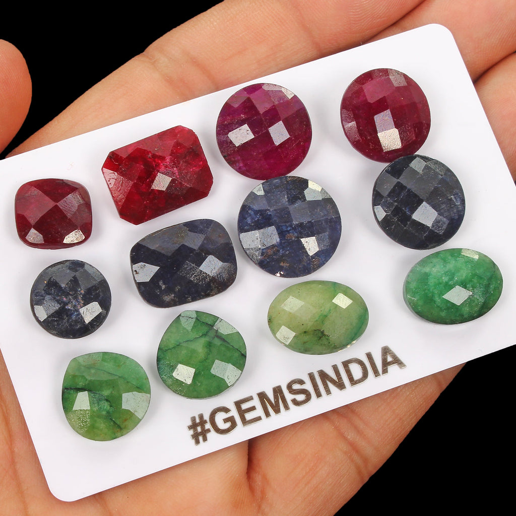 121.30 Cts/12 Pcs Natural Multi Color Ruby Emerald Sapphire Mix Checker Cut Gems