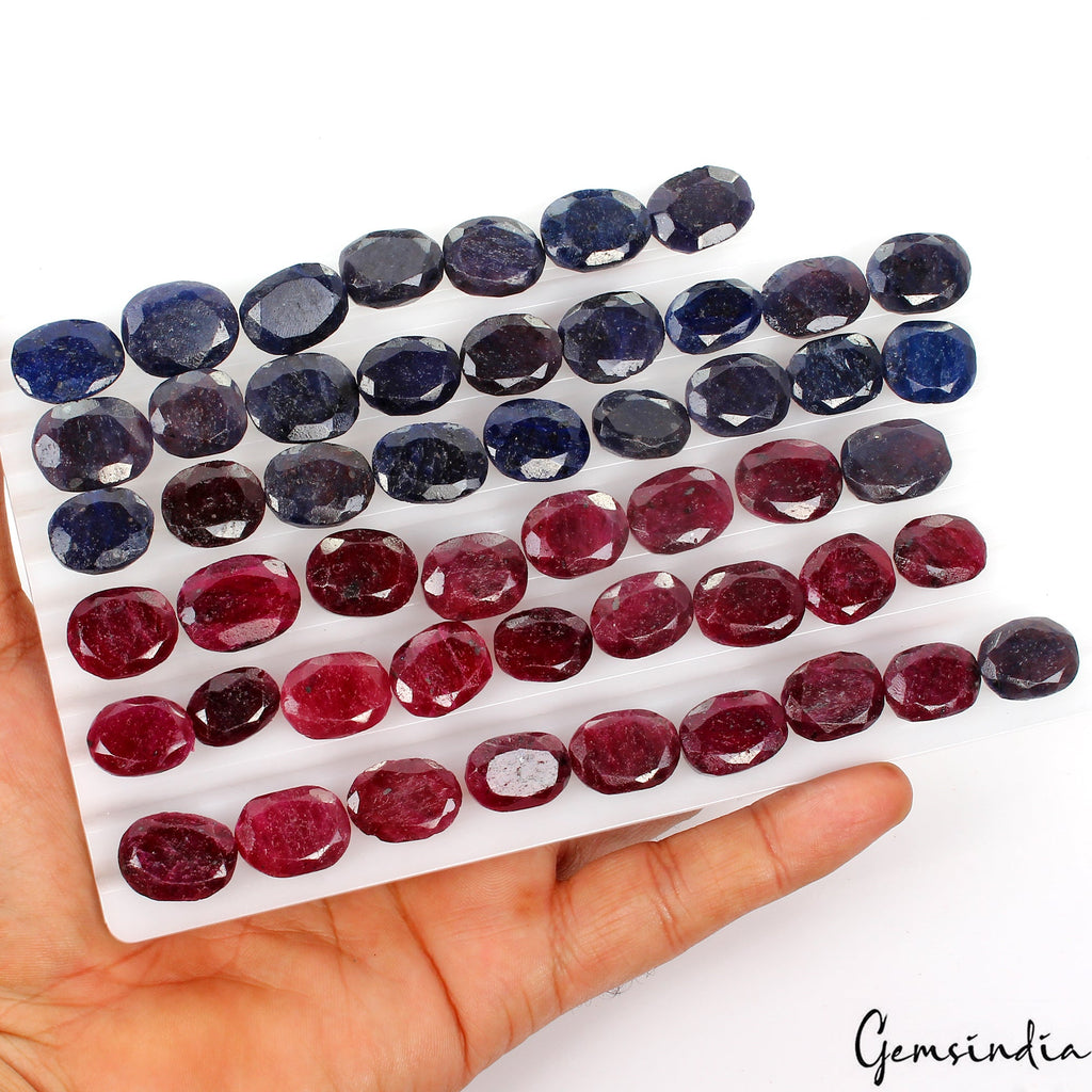940 Cts/51 Pcs Natural Red Ruby Blue Sapphire Oval Cut Loose Gems For Jewelry