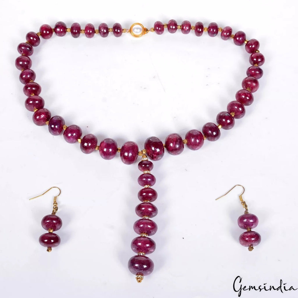 962+Ct Natural Red Ruby Smooth Round Cabochon Beads Gemstone Necklace & Earrings