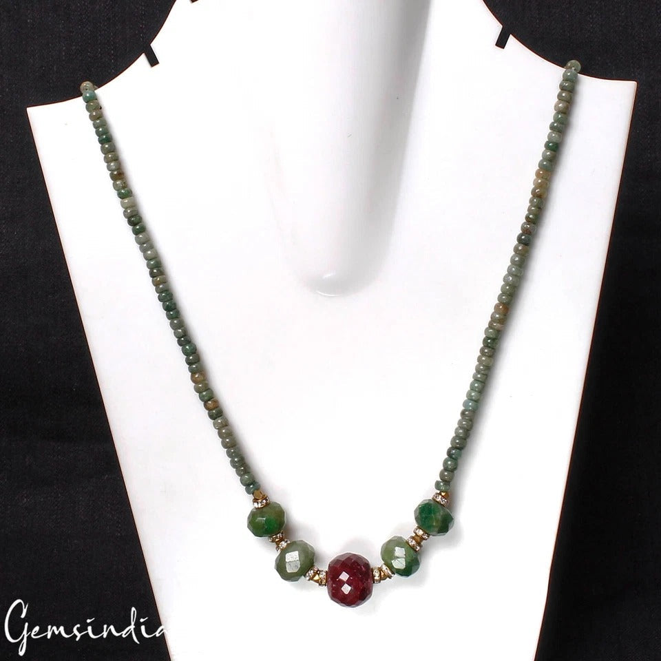 184.30 Ct Natural Red Ruby Green Emerald Round Beaded Single Strand Necklace 20"