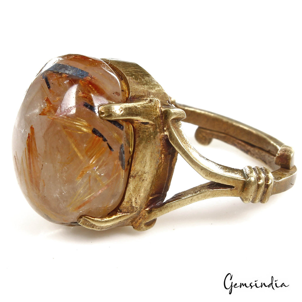 8.90 gm Golden Wire Rutile Oval Cab Gem Ashtadhatu Astrological Adjustable Ring
