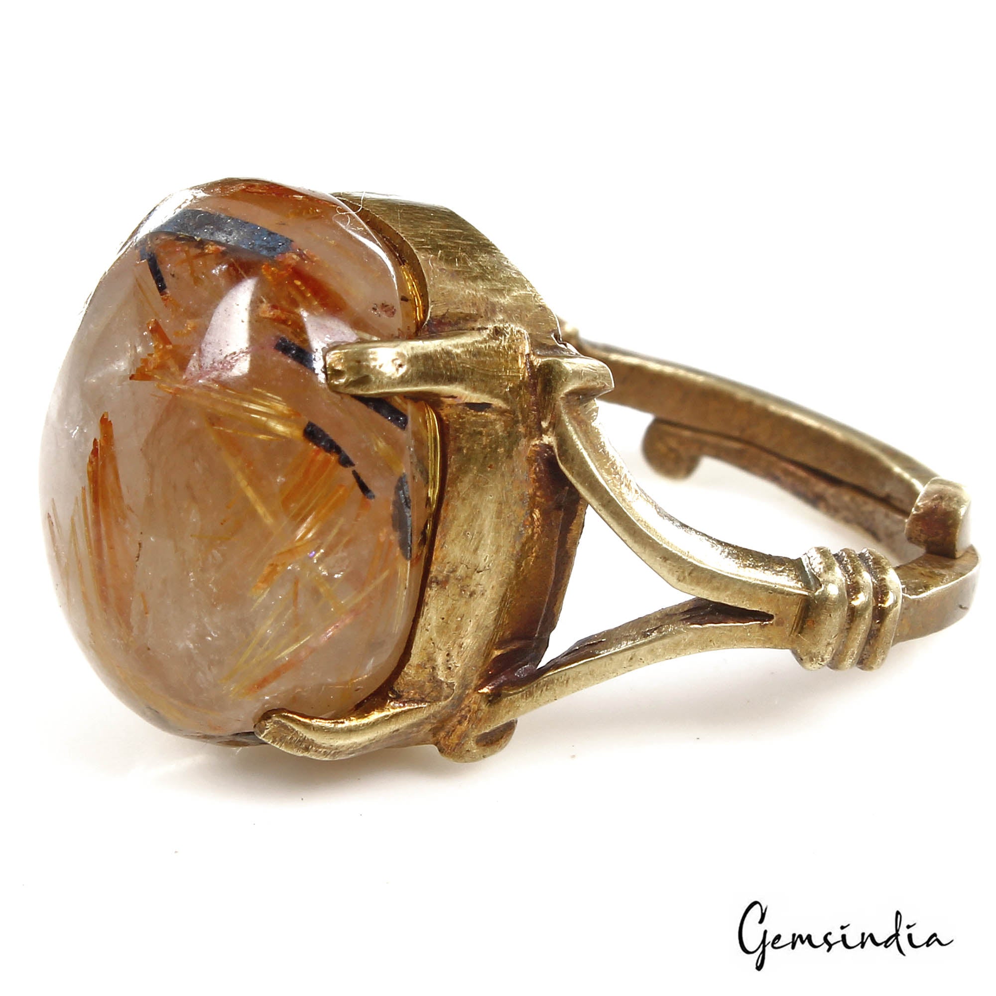 8.90 gm Golden Wire Rutile Oval Cab Gem Ashtadhatu Astrological Adjustable Ring