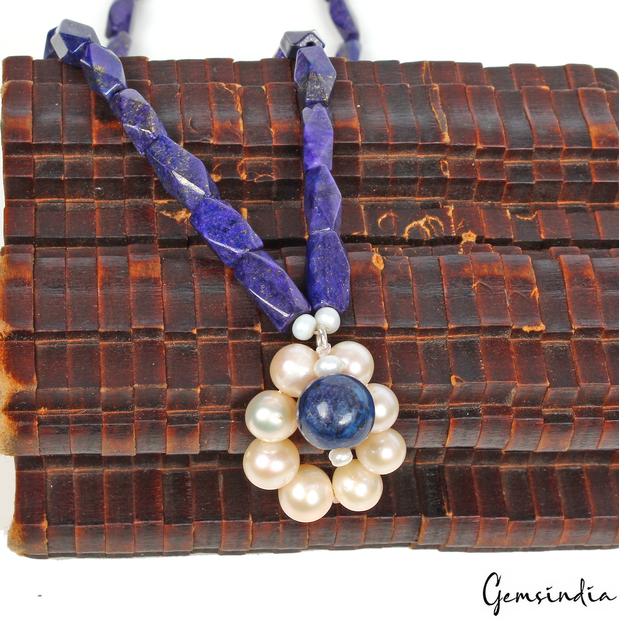 200 CtS Natural Blue Lapis Lazuli Fresh Water Pearl Beaded Handmade Necklace 18"