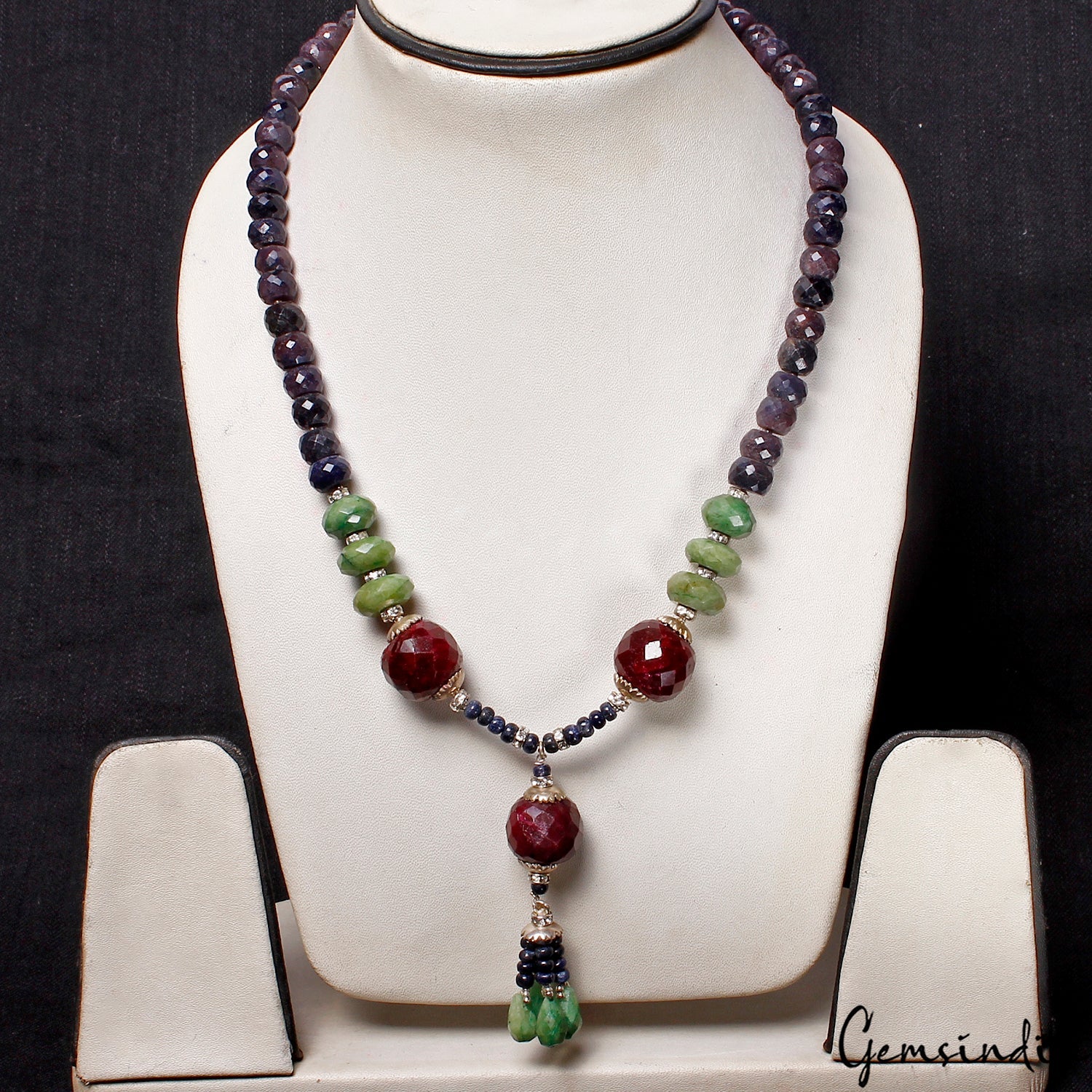 Handmade 19" Long Natural Sapphire Necklace with Emerald/Ruby Gem Beads~ 640 Cts